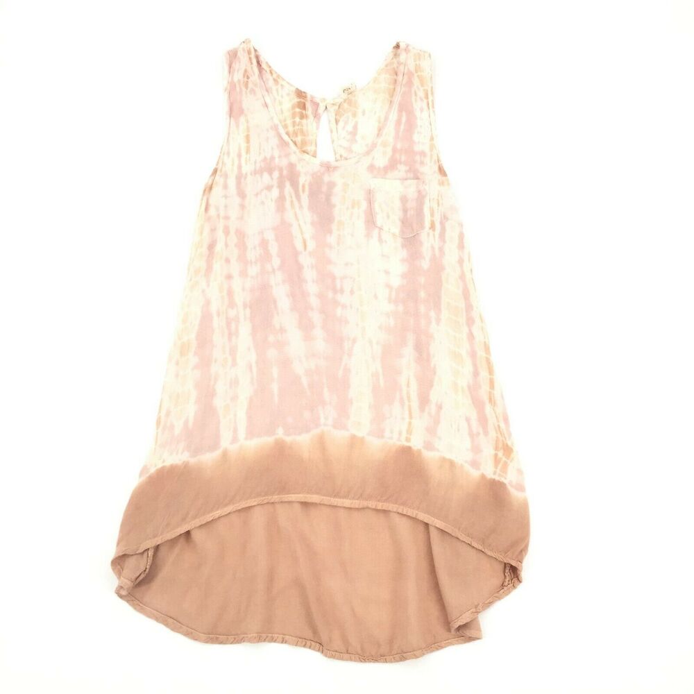 Japna Scoop Neck Beige Brown Pocket Front Tie Dye Tank Top Size Small Tunic S